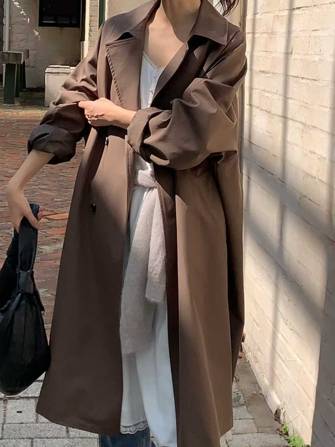 小V家雙排釦簡約長版風衣外套