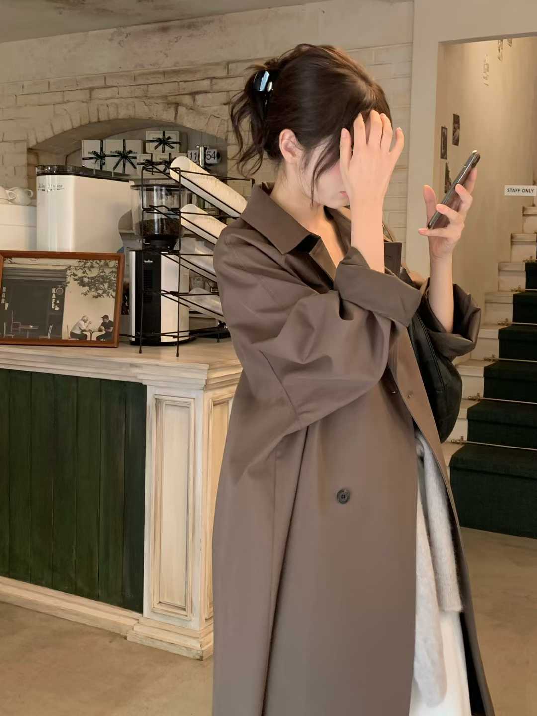 小V家雙排釦簡約長版風衣外套