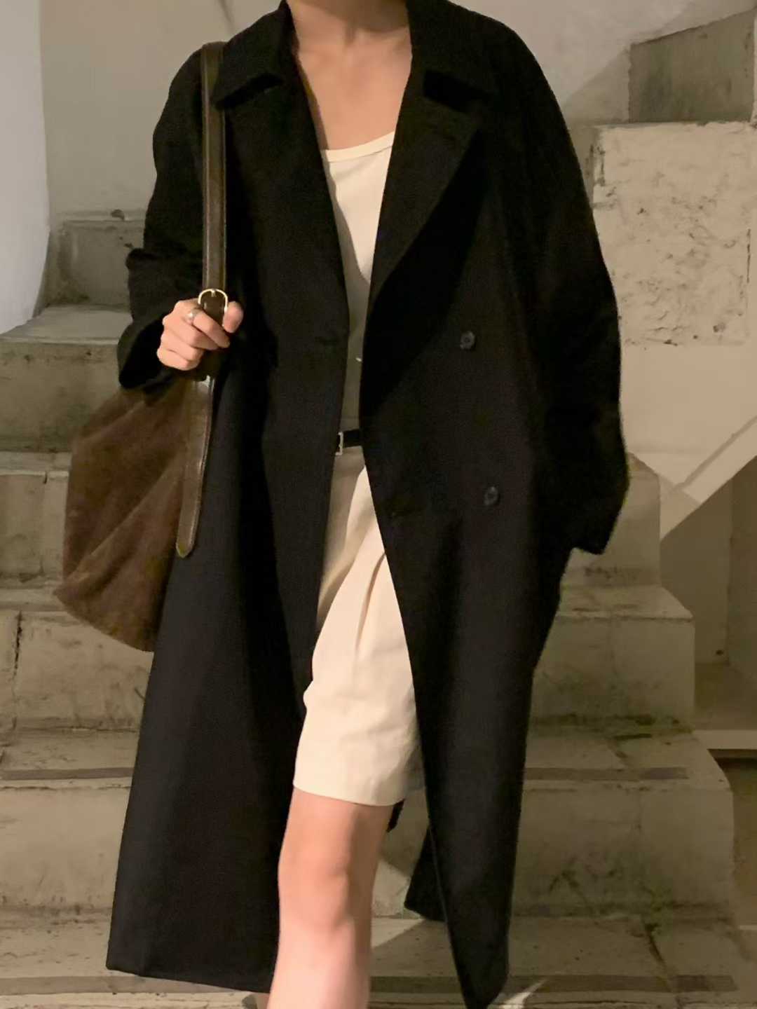 小V家雙排釦簡約長版風衣外套
