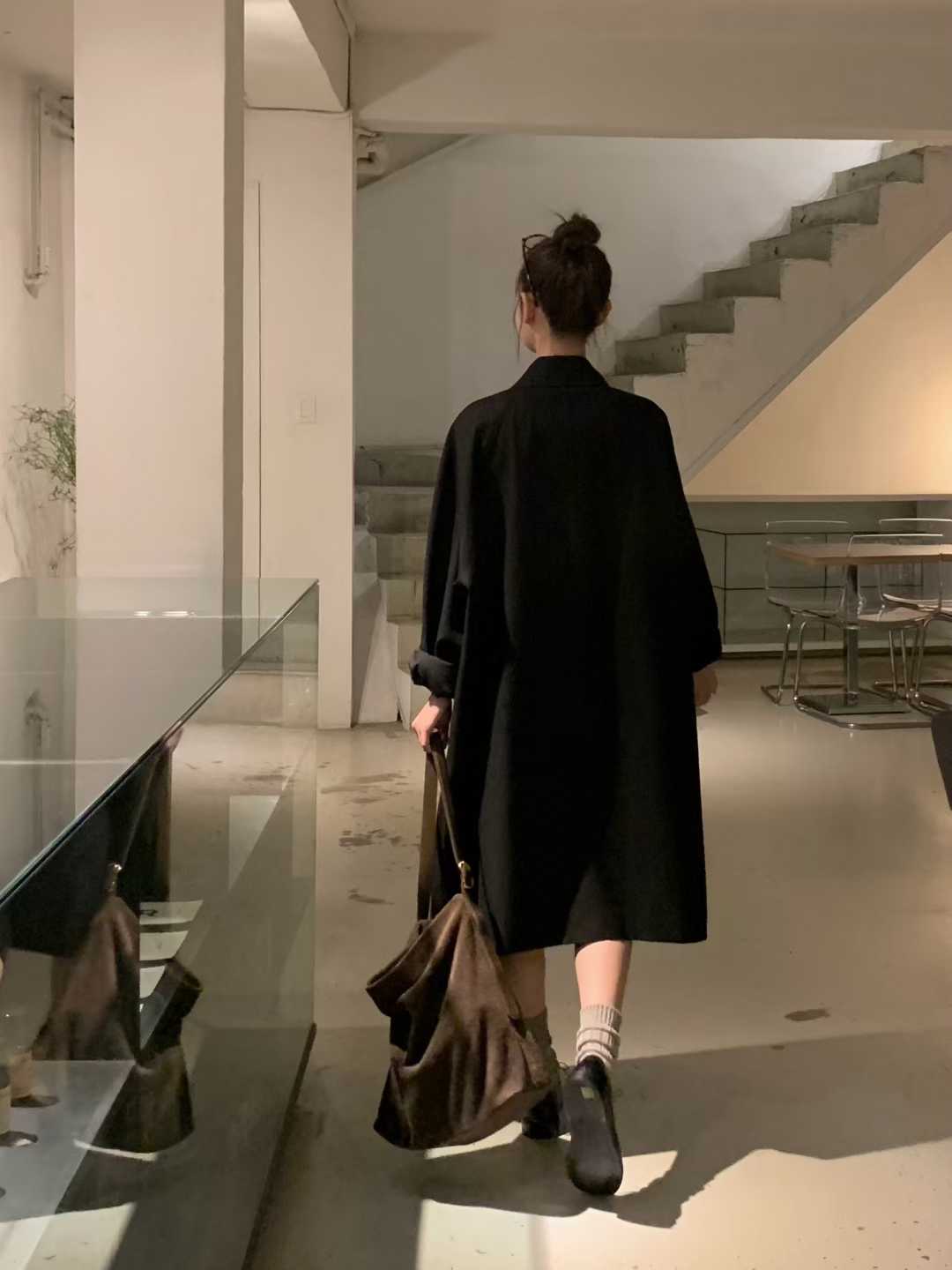 小V家雙排釦簡約長版風衣外套