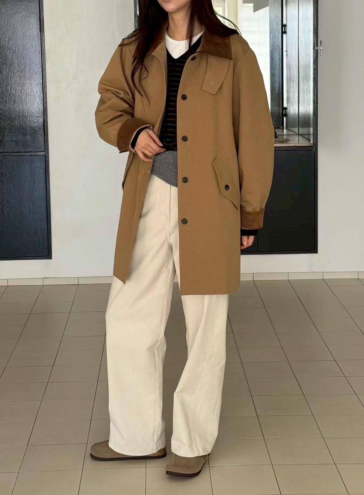 瘦瘦歐膩異材質翻領中長外套