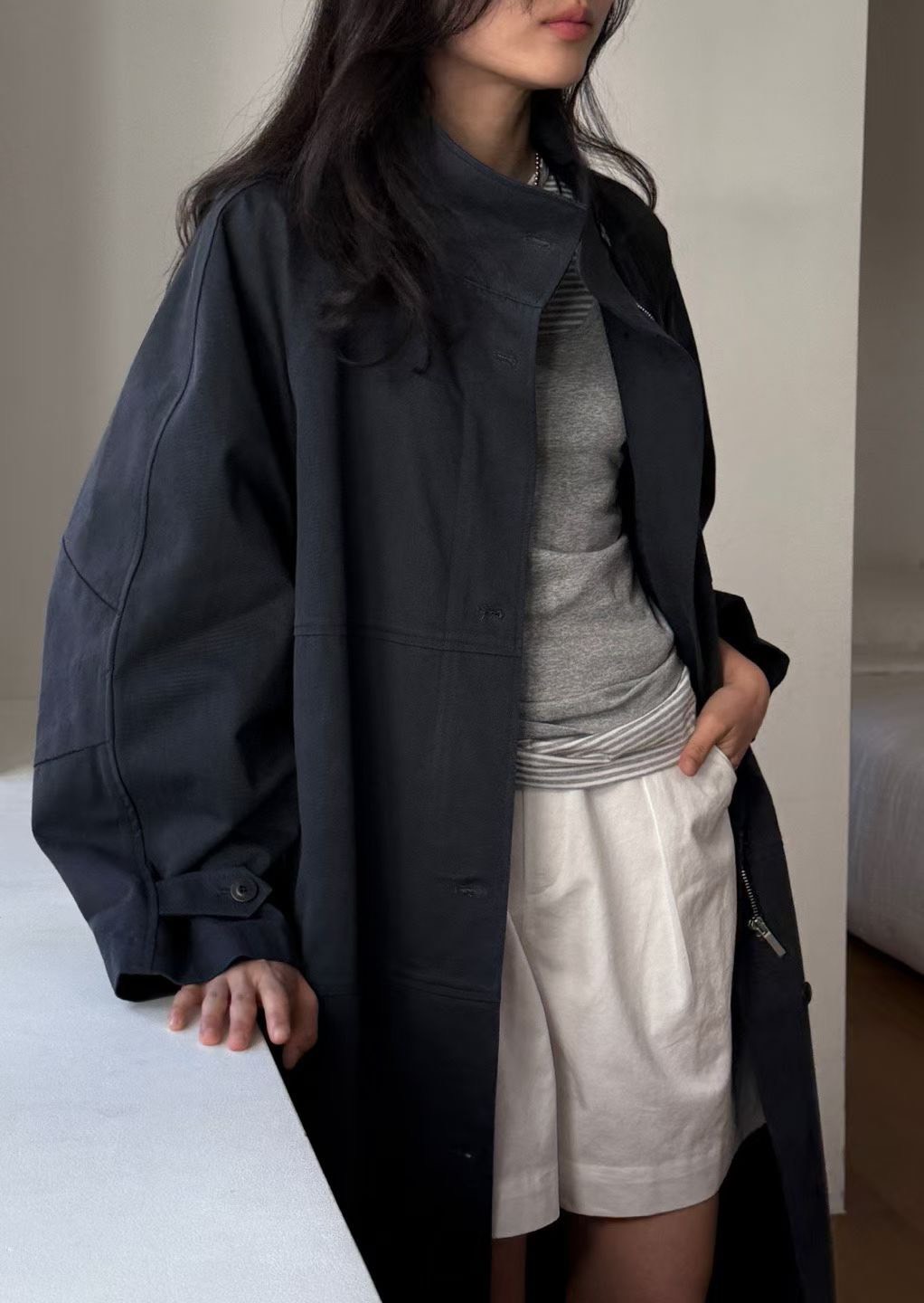 B34.瘦瘦歐膩早春立領剪接風衣長外套