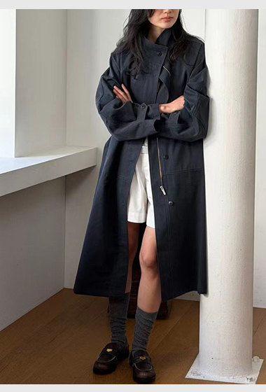 B34.瘦瘦歐膩早春立領剪接風衣長外套