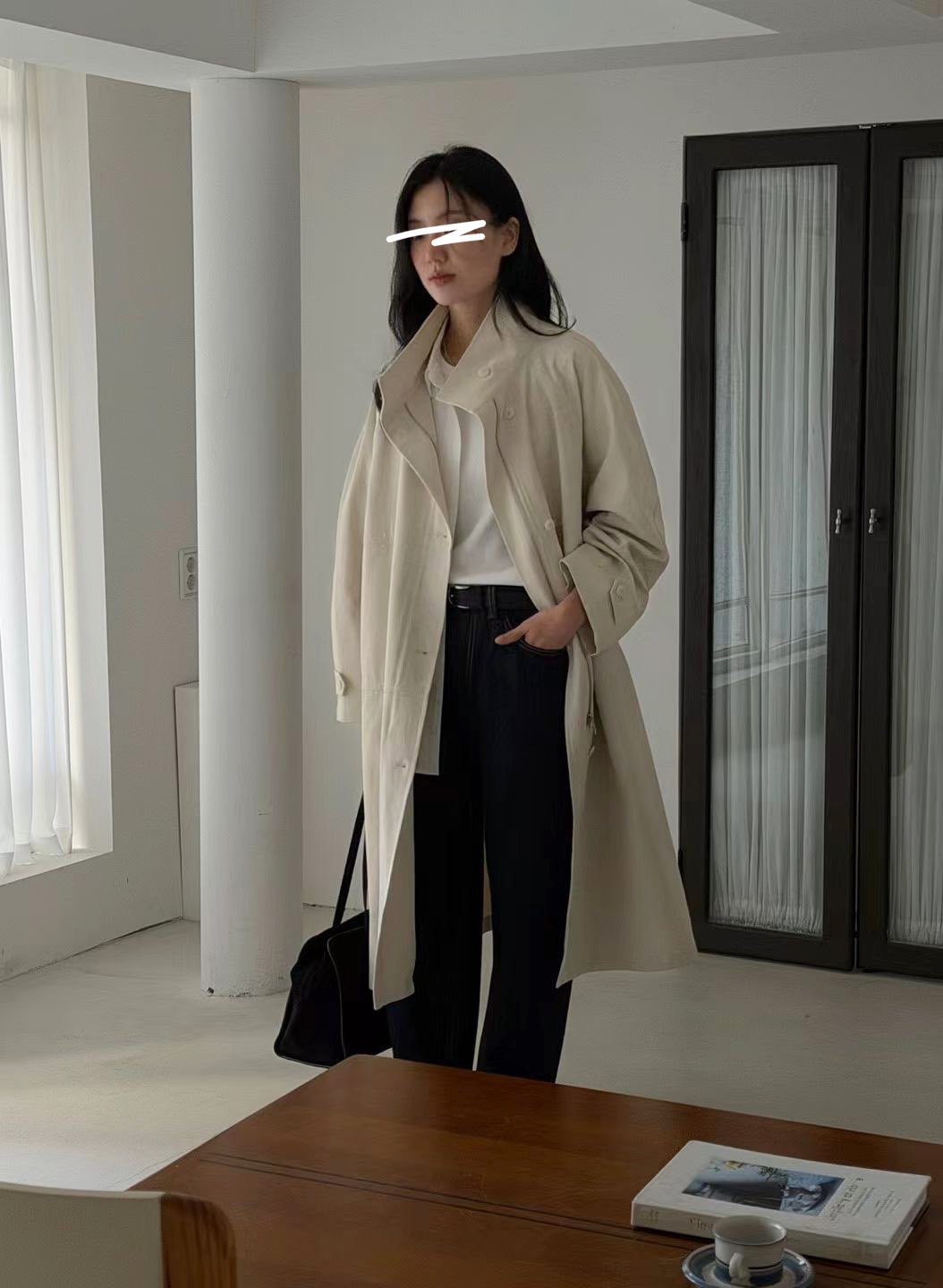 B34.瘦瘦歐膩早春立領剪接風衣長外套