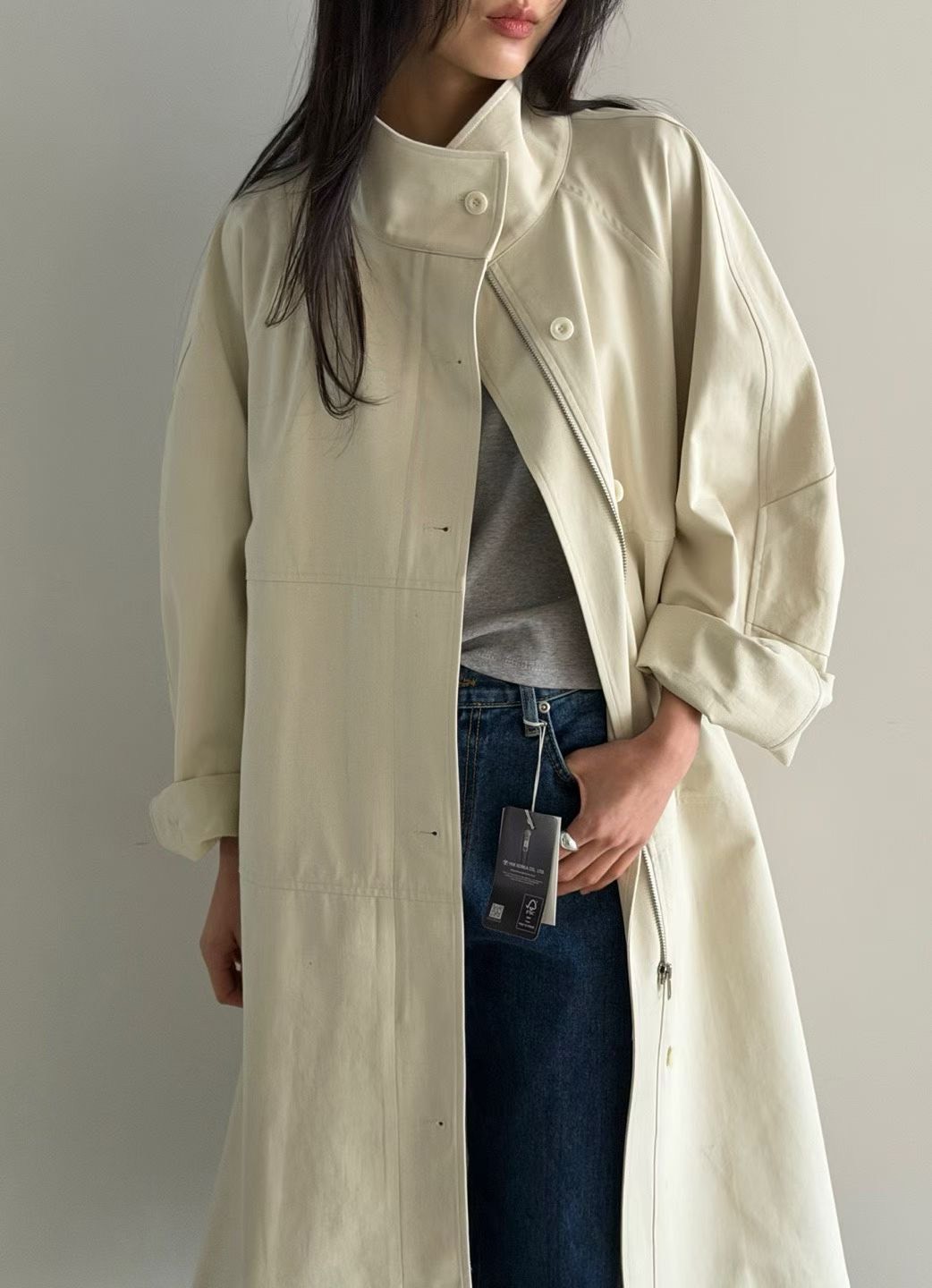 B34.瘦瘦歐膩早春立領剪接風衣長外套