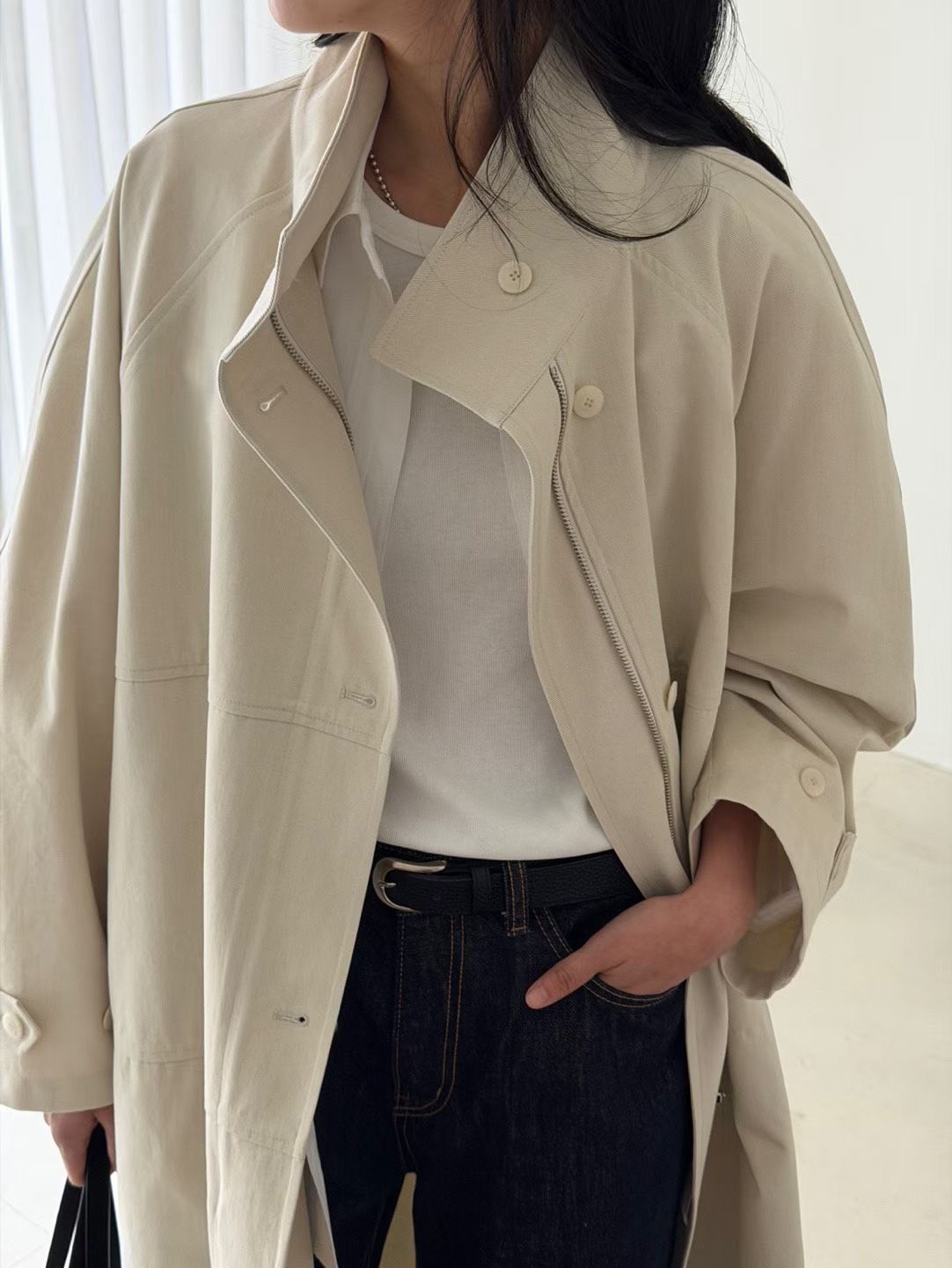 B34.瘦瘦歐膩早春立領剪接風衣長外套