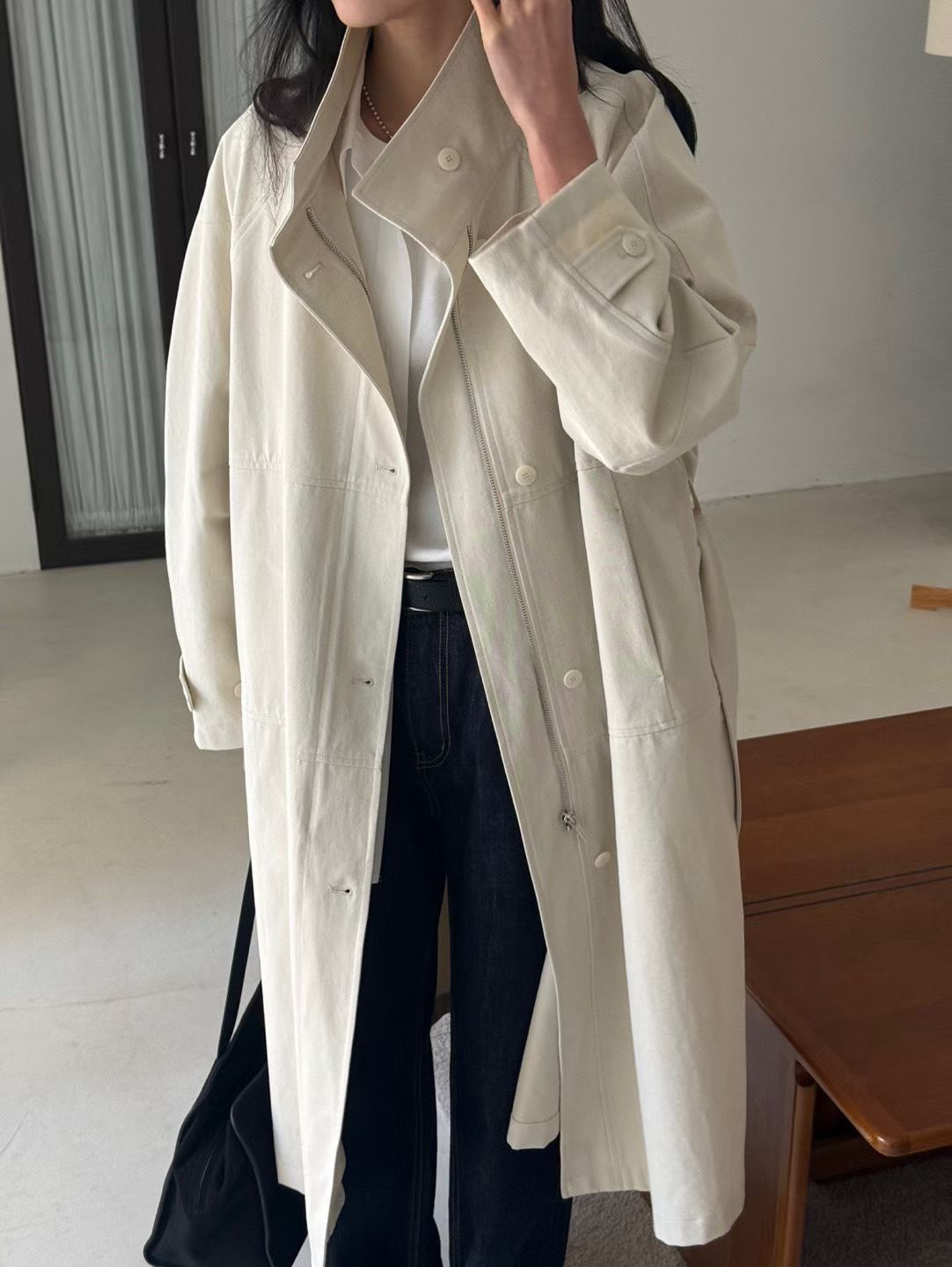 B34.瘦瘦歐膩早春立領剪接風衣長外套