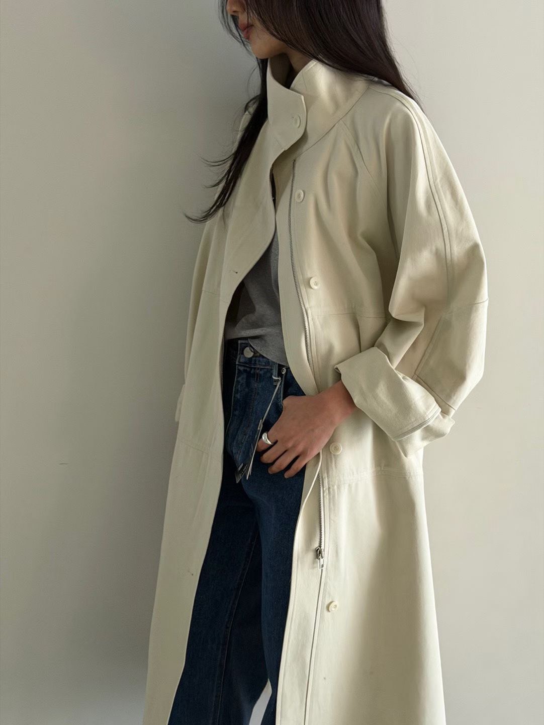 B34.瘦瘦歐膩早春立領剪接風衣長外套