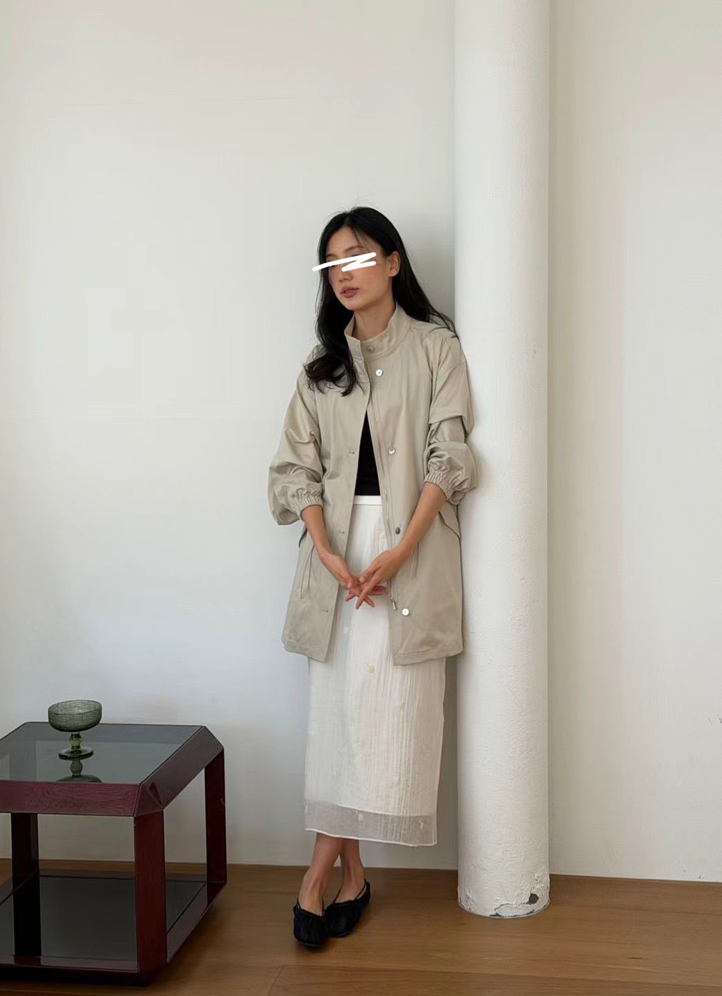 B33.瘦瘦歐膩抽繩立領膝上防風外套