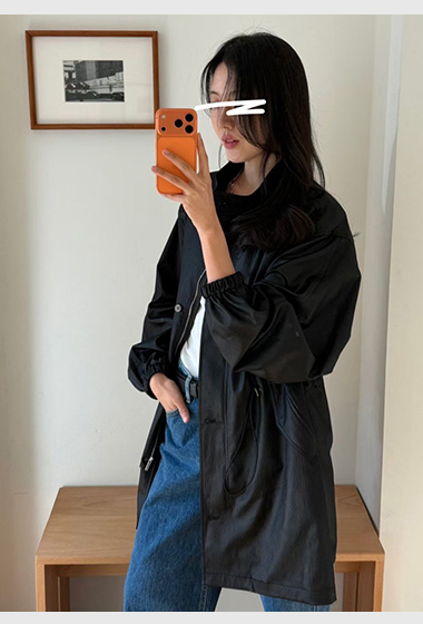 B33.瘦瘦歐膩抽繩立領膝上防風外套