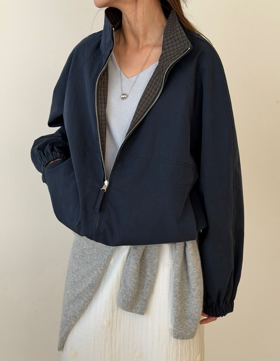 B31.瘦瘦歐膩雙面穿搭格紋防風外套