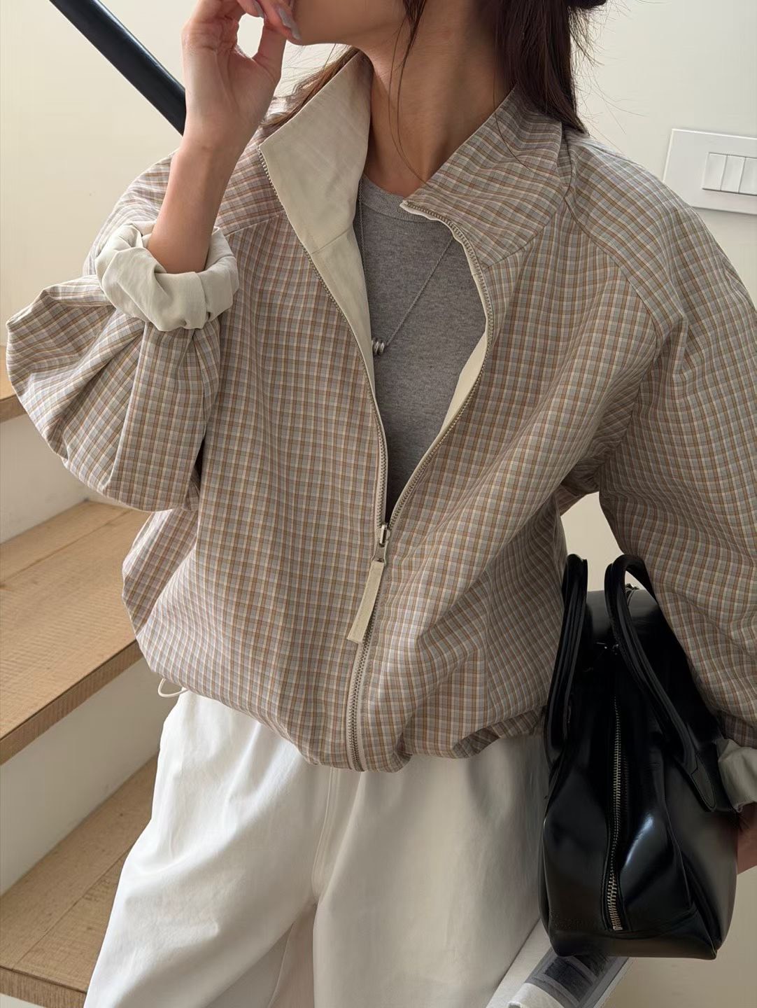B31.瘦瘦歐膩雙面穿搭格紋防風外套