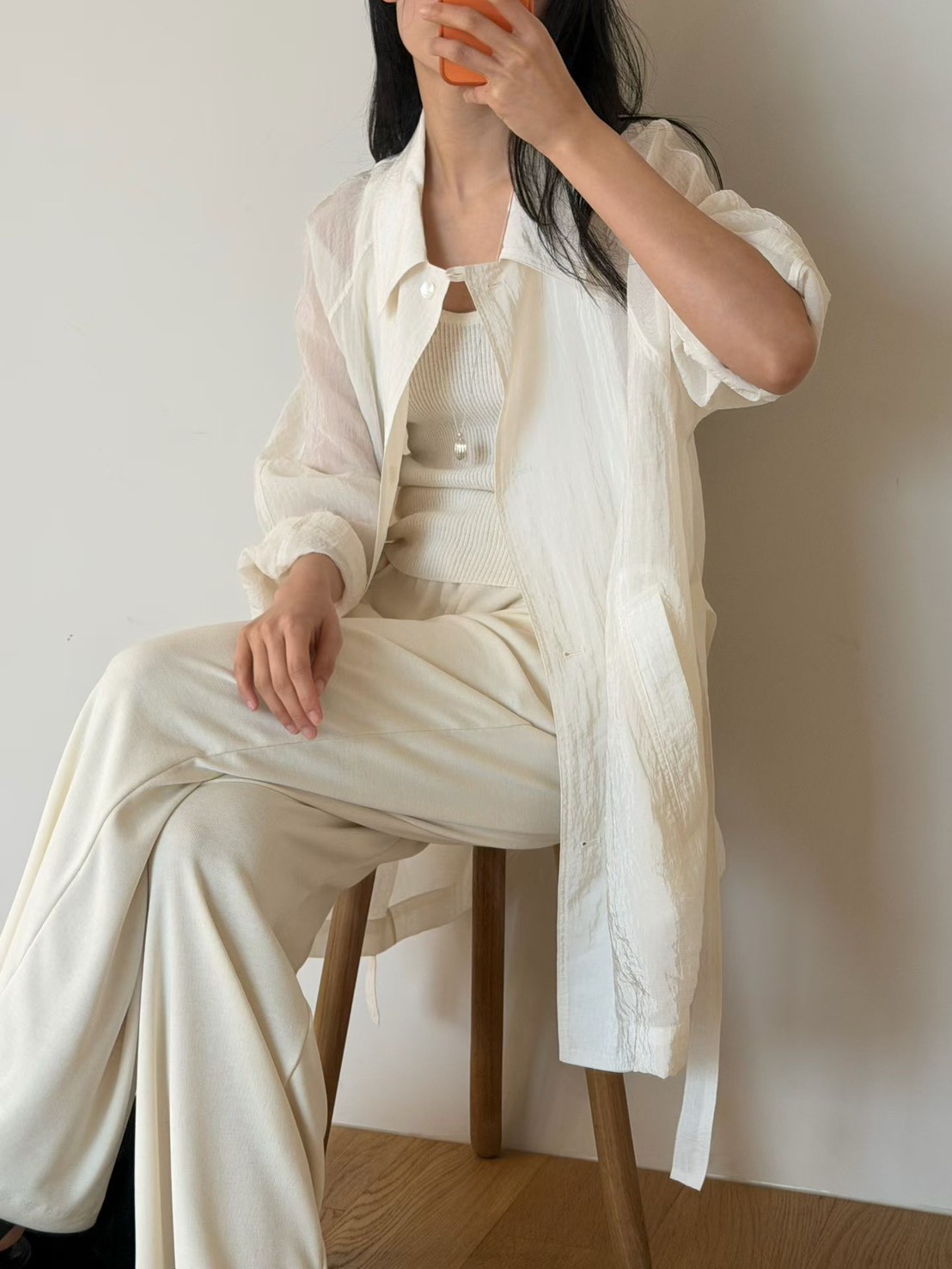 B95.瘦瘦歐膩溫柔微透綁帶外套