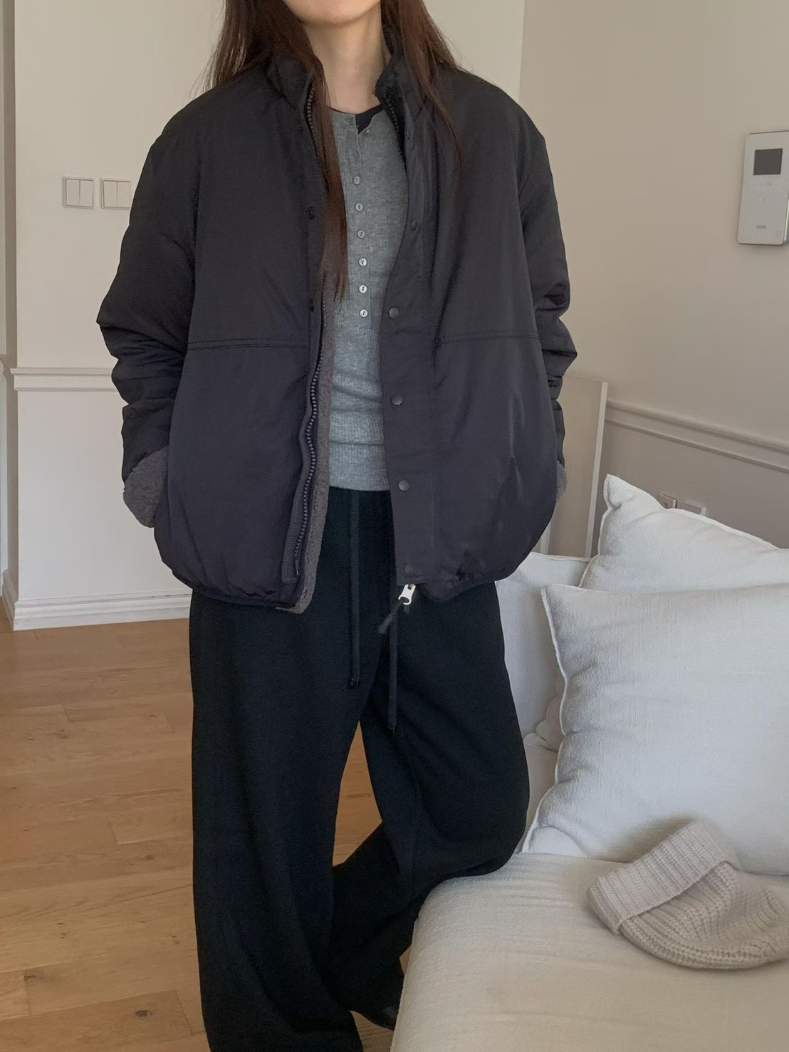 B91.必備正反兩穿立領100%羊毛外套