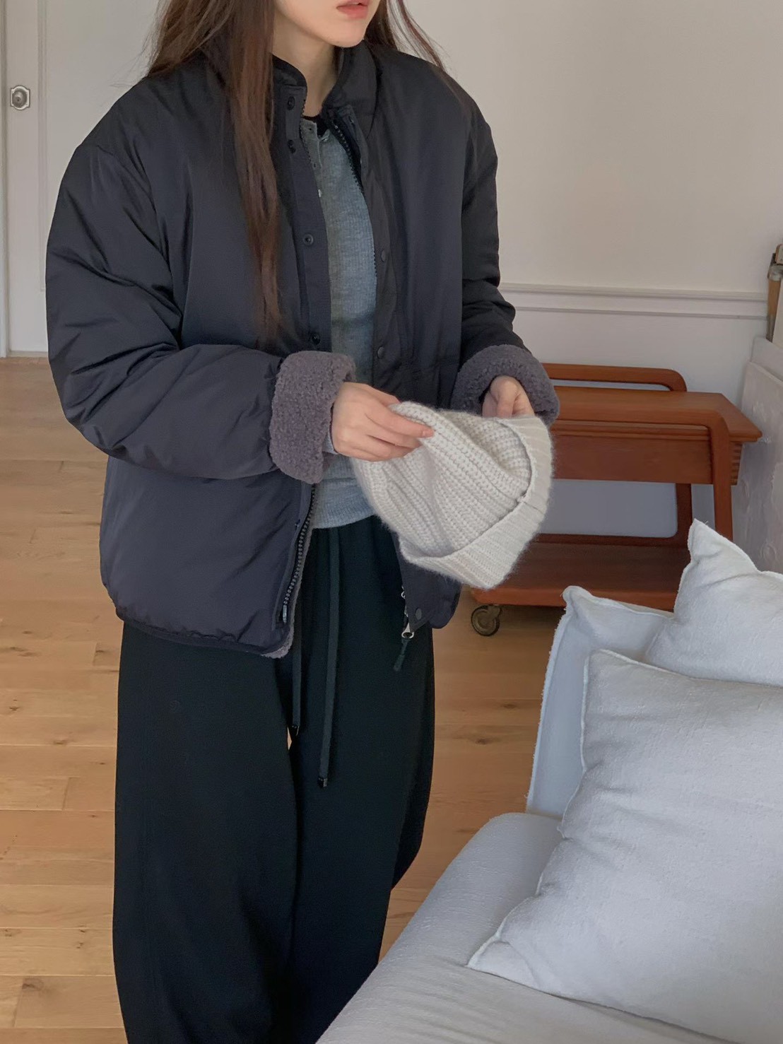 B91.必備正反兩穿立領100%羊毛外套