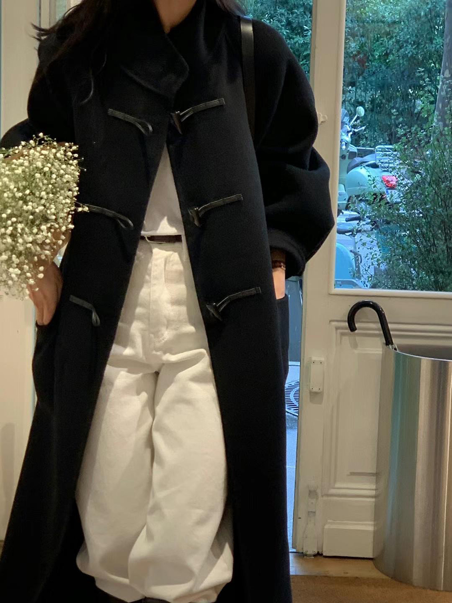 B21.小V家翻領皮織牛角釦羊毛手工大衣