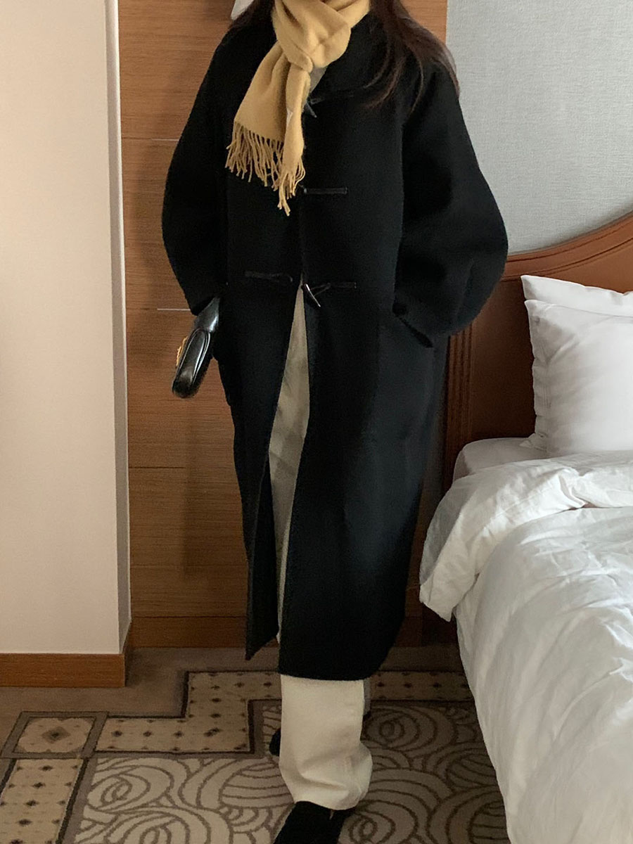 B21.小V家翻領皮織牛角釦羊毛手工大衣