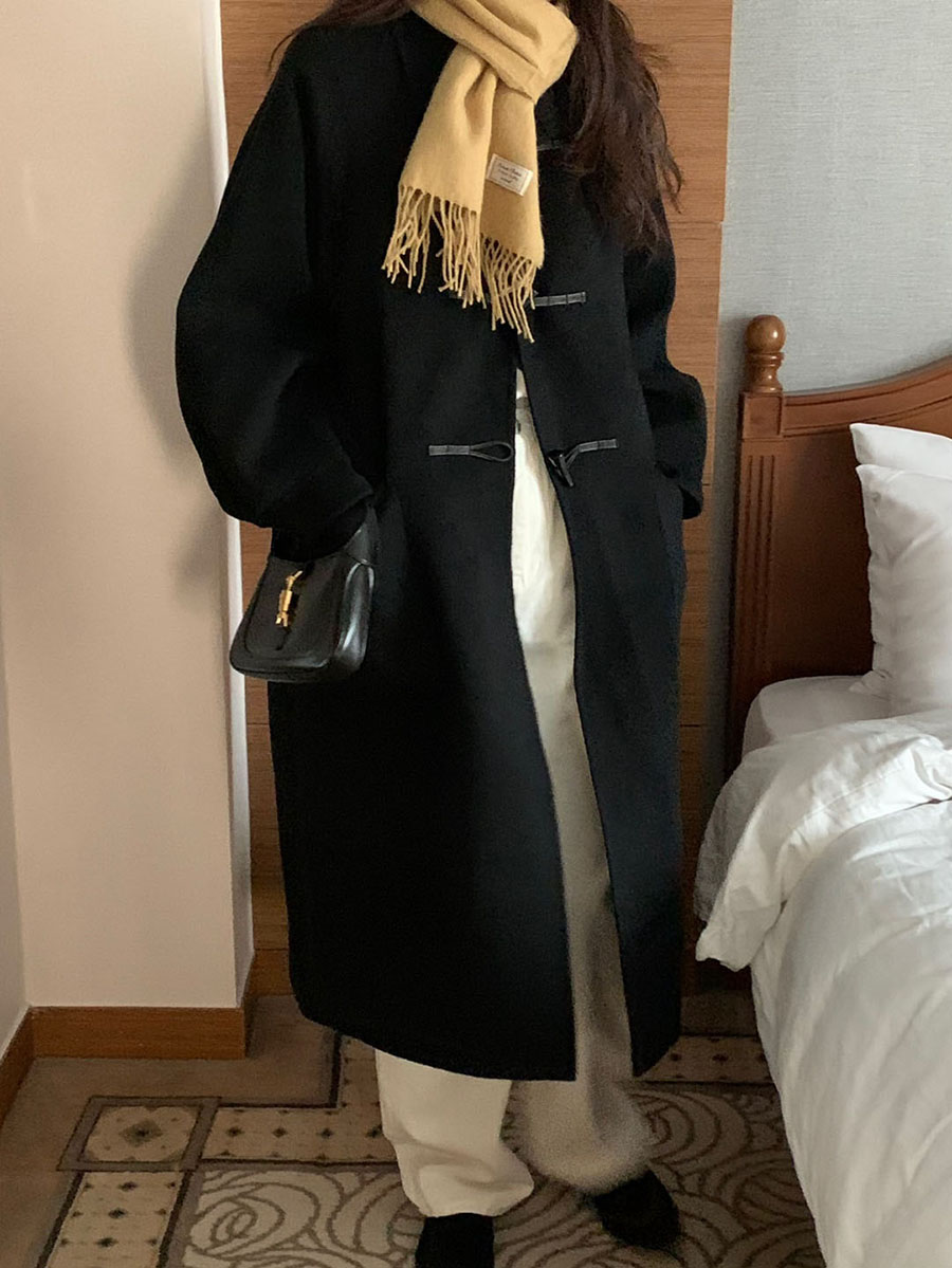 B21.小V家翻領皮織牛角釦羊毛手工大衣