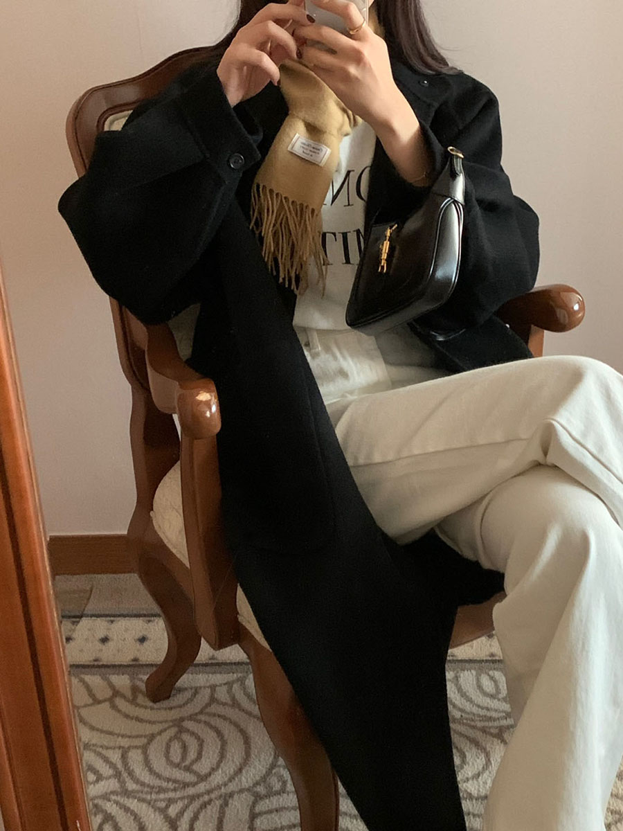 B21.小V家翻領皮織牛角釦羊毛手工大衣