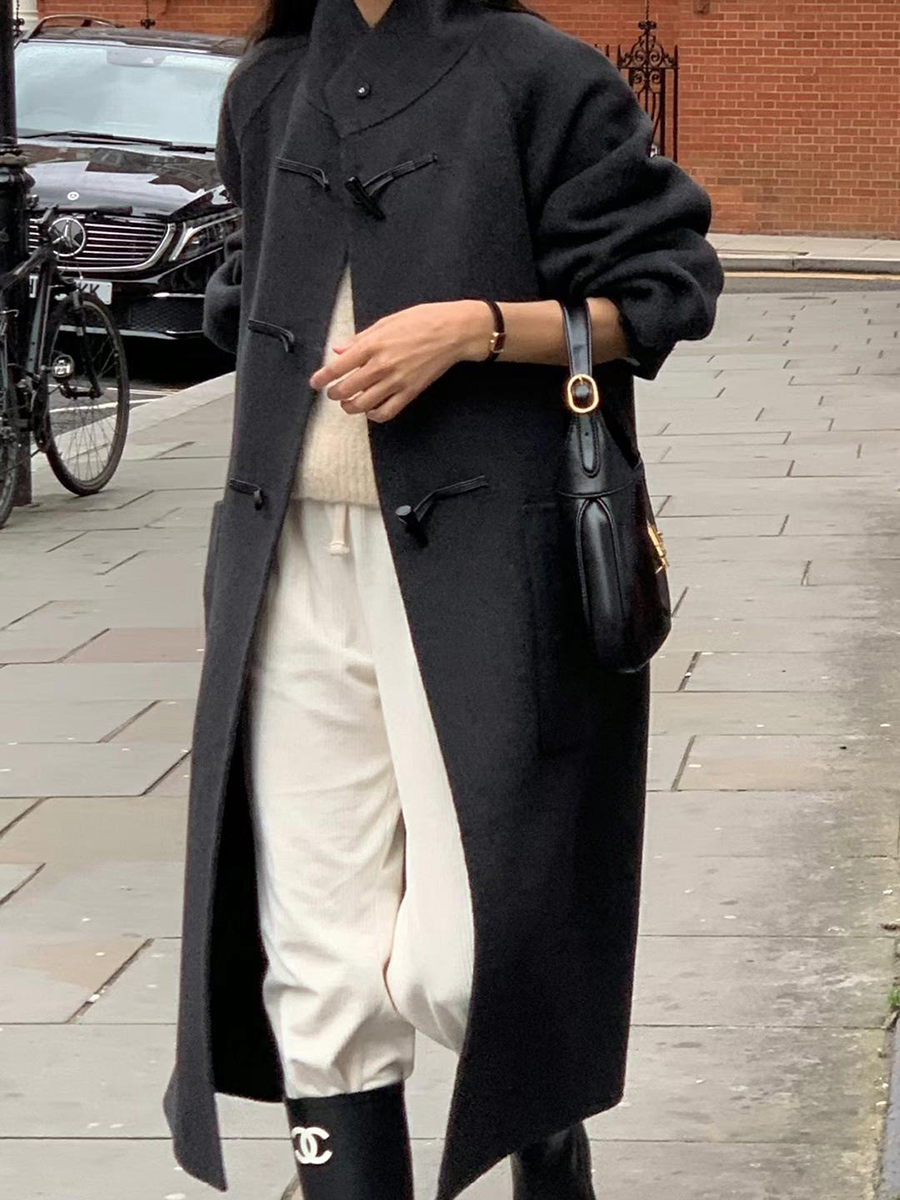 B21.小V家翻領皮織牛角釦羊毛手工大衣