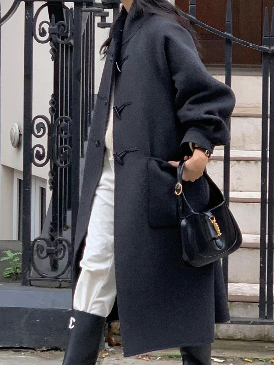 B21.小V家翻領皮織牛角釦羊毛手工大衣