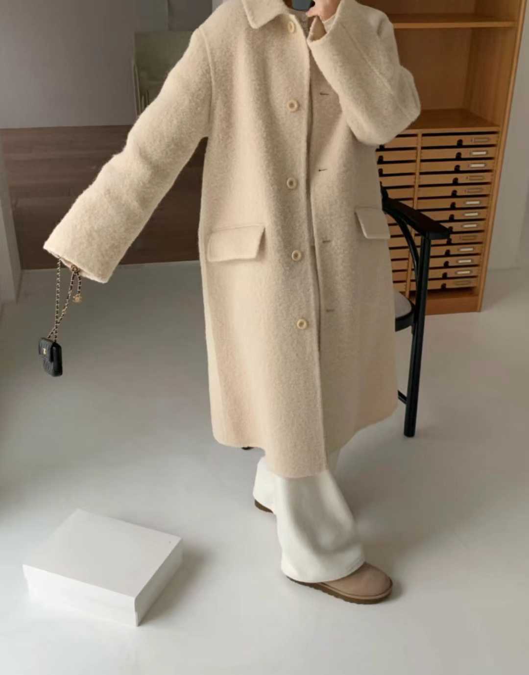 質感家小翻領長版手工大衣