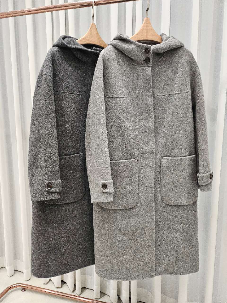 B53.星星家駝羊毛連帽口袋長版大衣