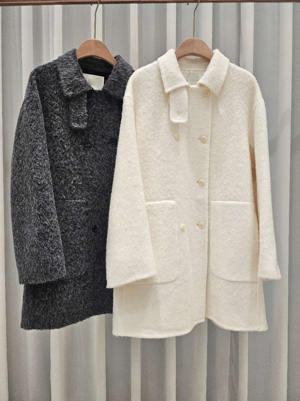 星星家駝羊毛絨感雙排扣中長大衣