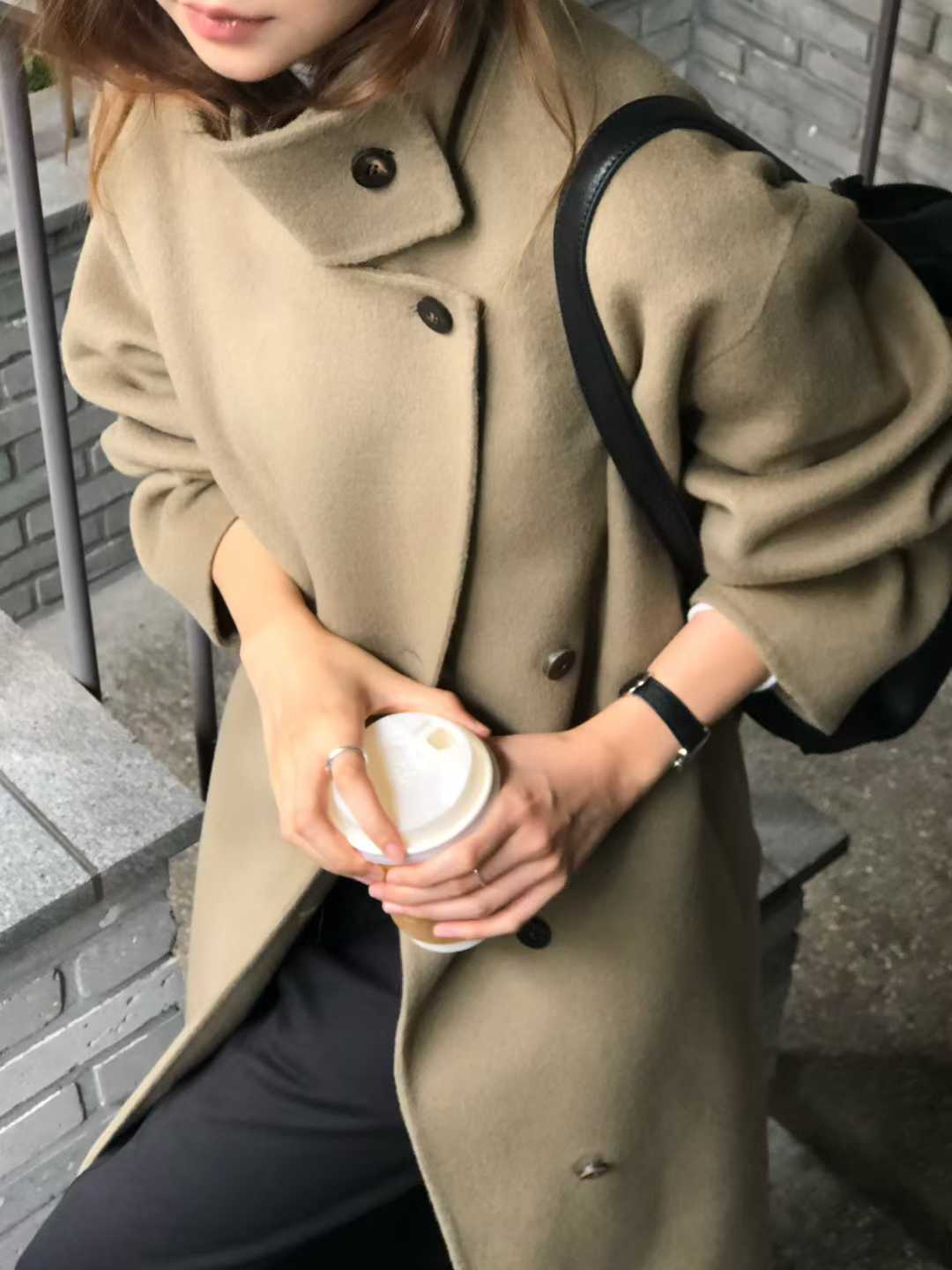 B64.大V家90%WOOL立領長版手工外套