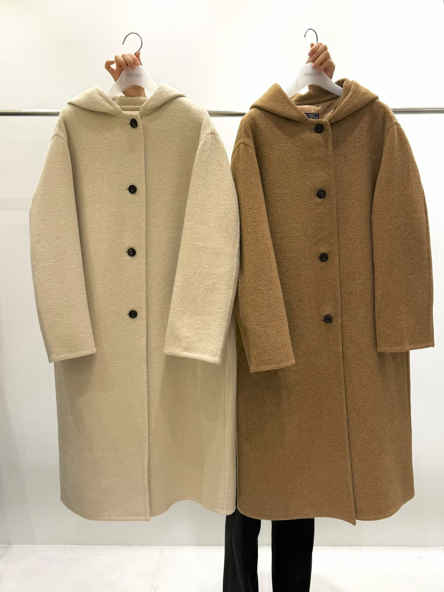 B89.質感家暖意連帽單排釦長版手工大衣
