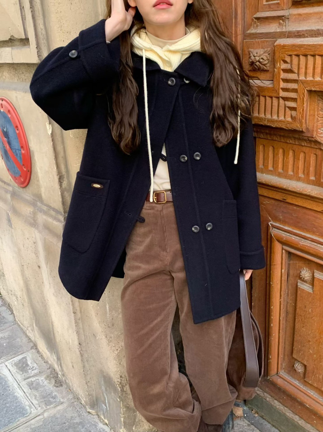 A84.日系可拆針織帽羊毛手工大衣