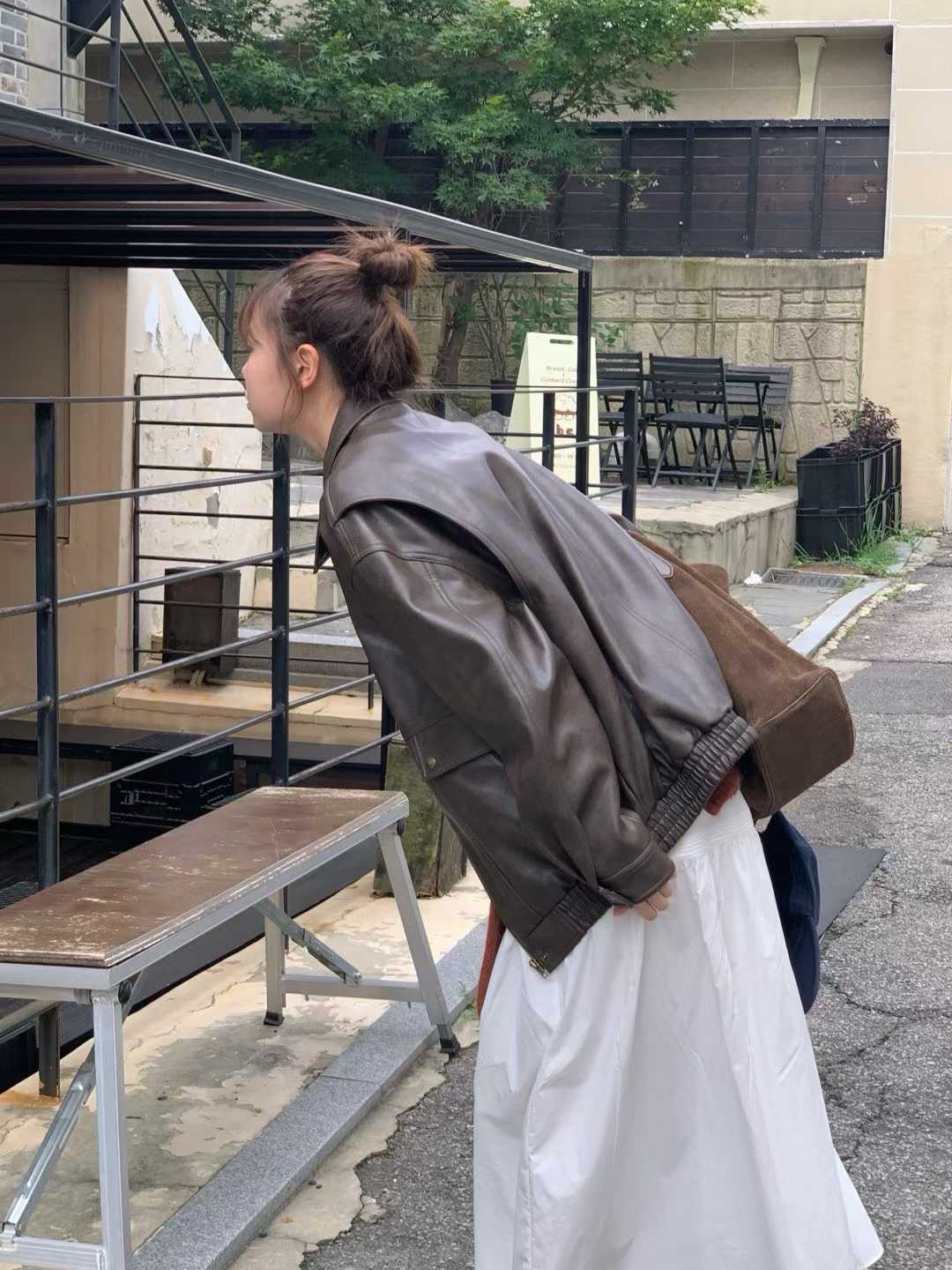A70.小V家大口袋假兩件皮衣外套