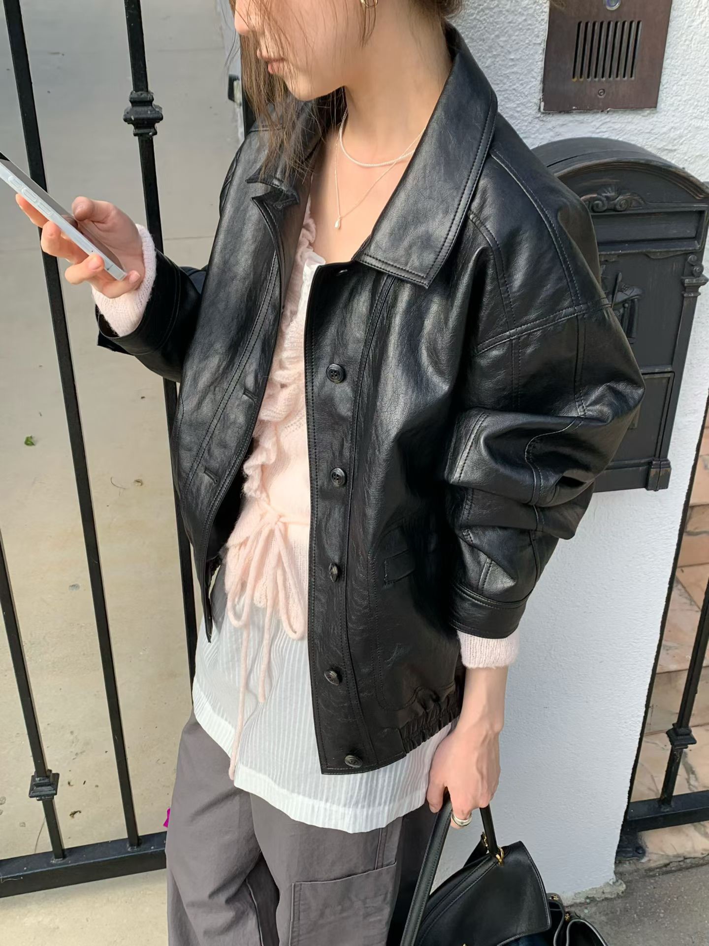 B72.敲碗許願春日PU皮衣外套