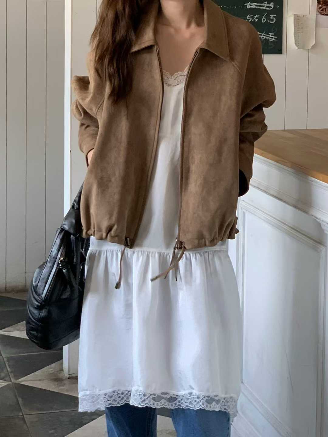 小V家翻領拉克蘭袖麂皮外套