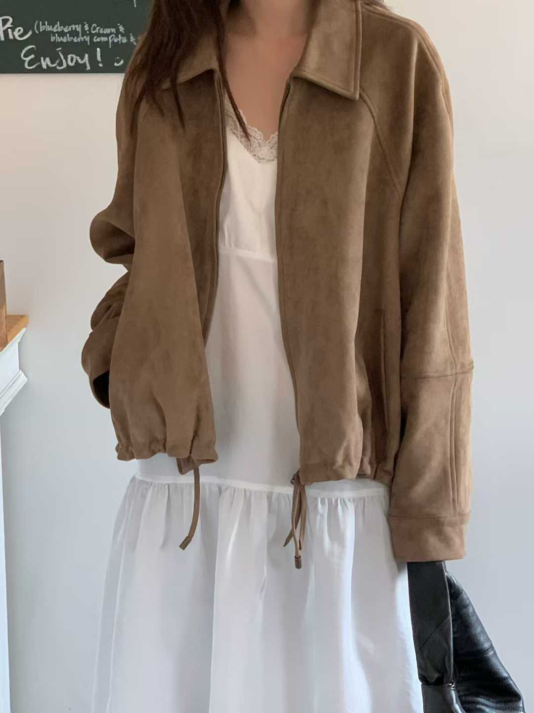 小V家翻領拉克蘭袖麂皮外套