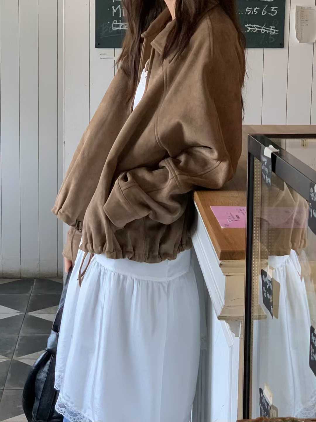 小V家翻領拉克蘭袖麂皮外套