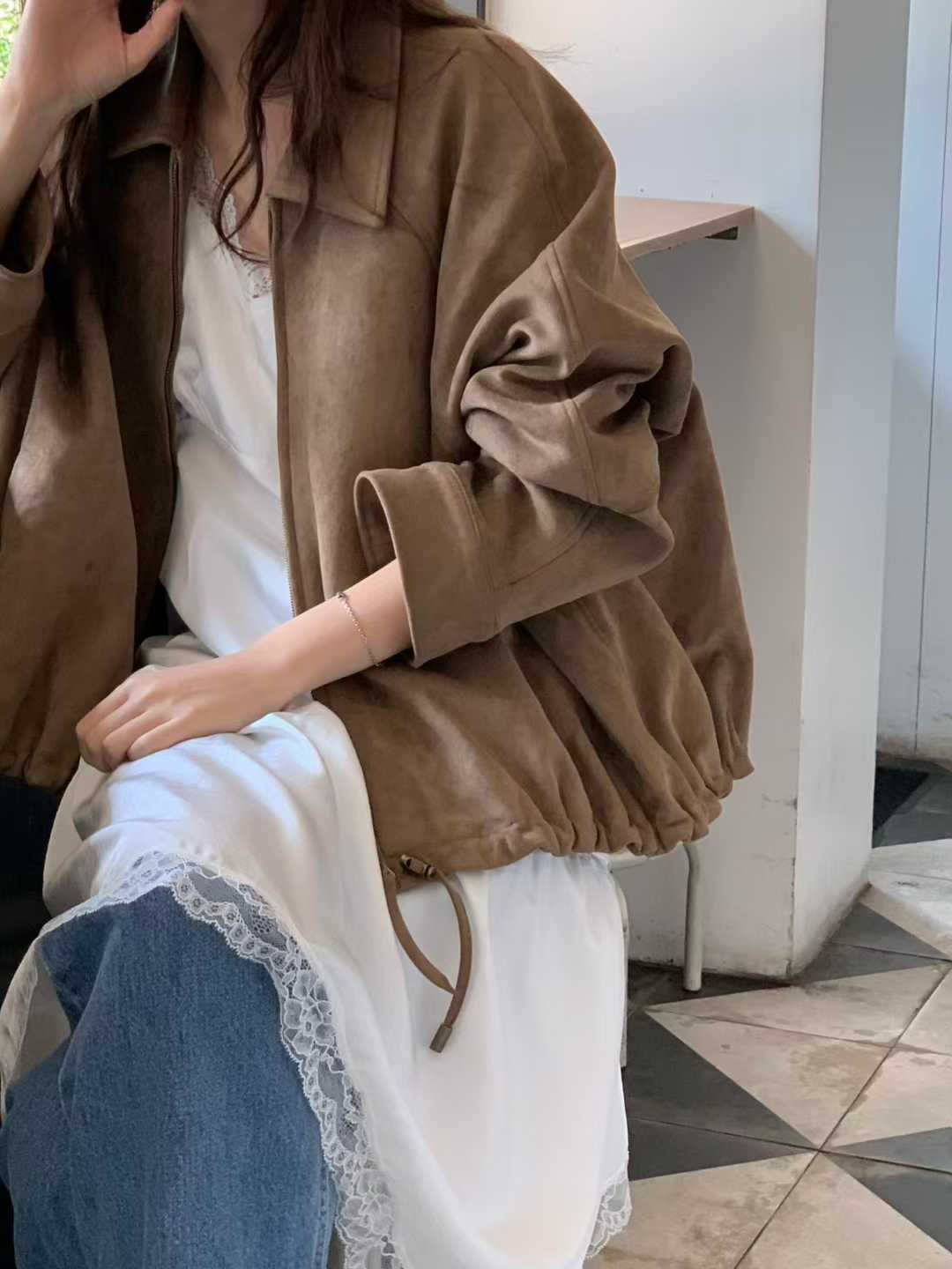 小V家翻領拉克蘭袖麂皮外套