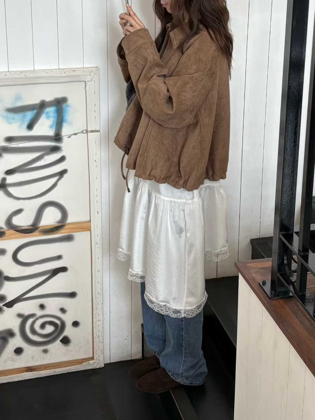 小V家翻領拉克蘭袖麂皮外套