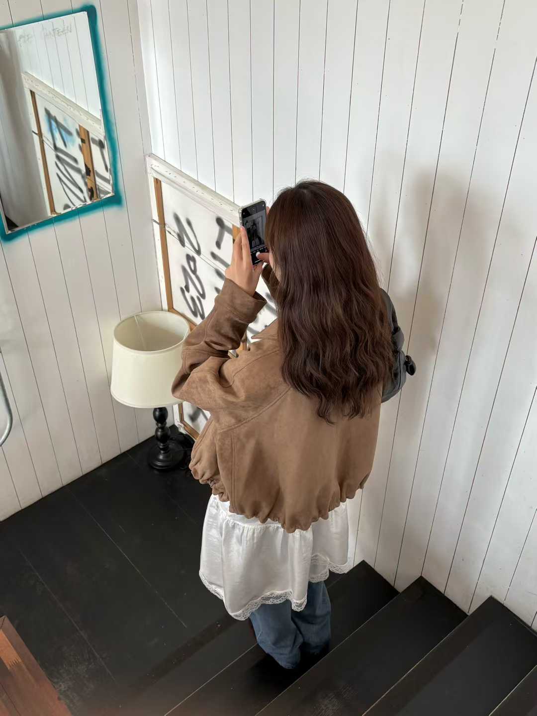 小V家翻領拉克蘭袖麂皮外套