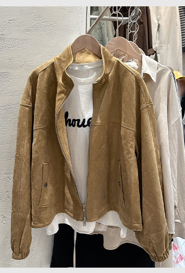A17.焦糖瑪奇朵麂皮落肩拉鍊外套