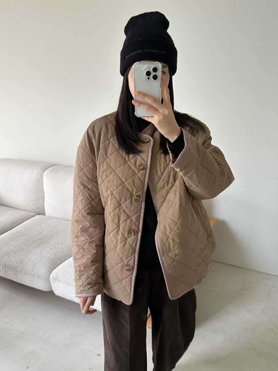 B25.簡單圓領菱格內刷毛外套