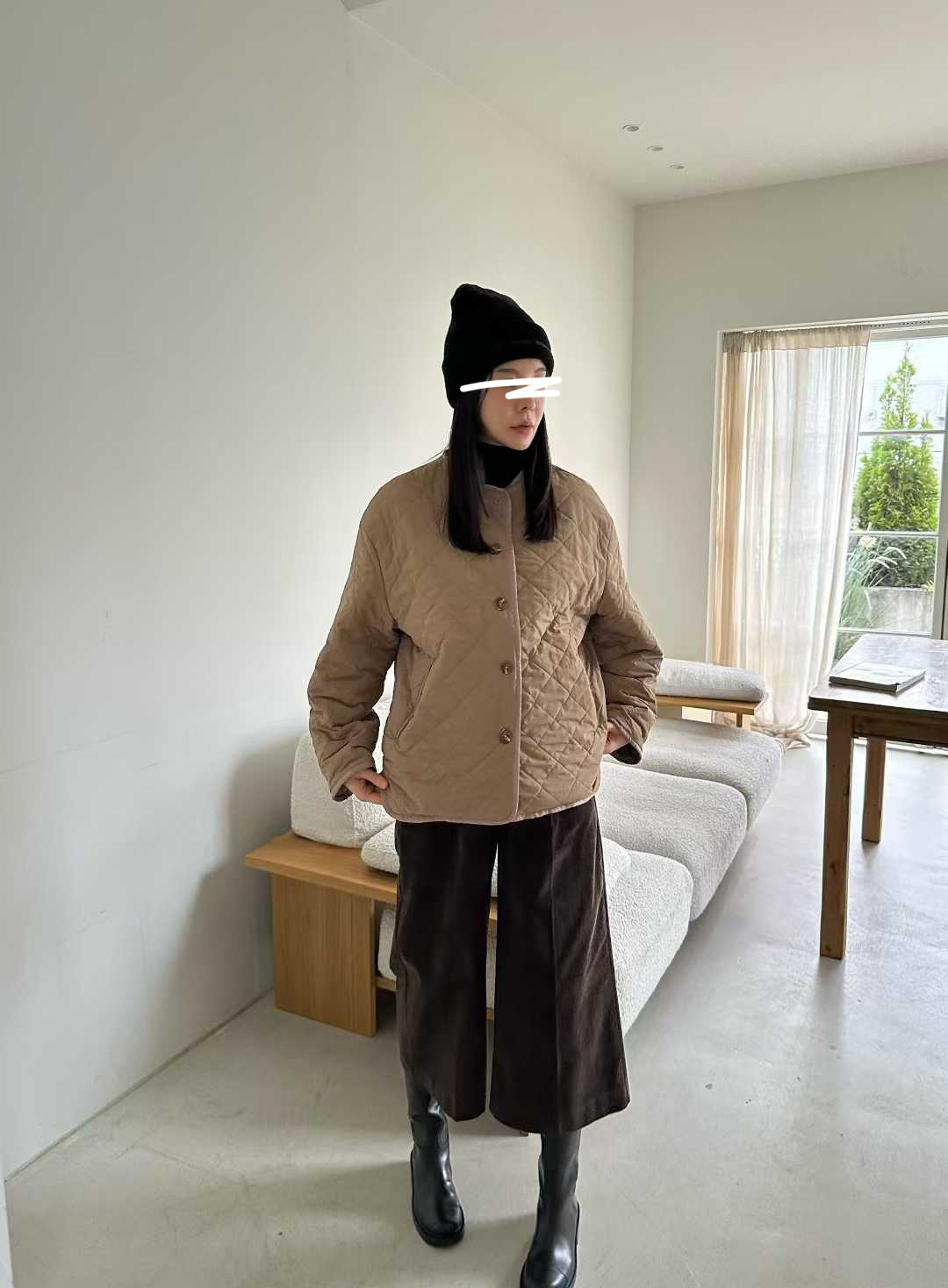 B25.簡單圓領菱格內刷毛外套