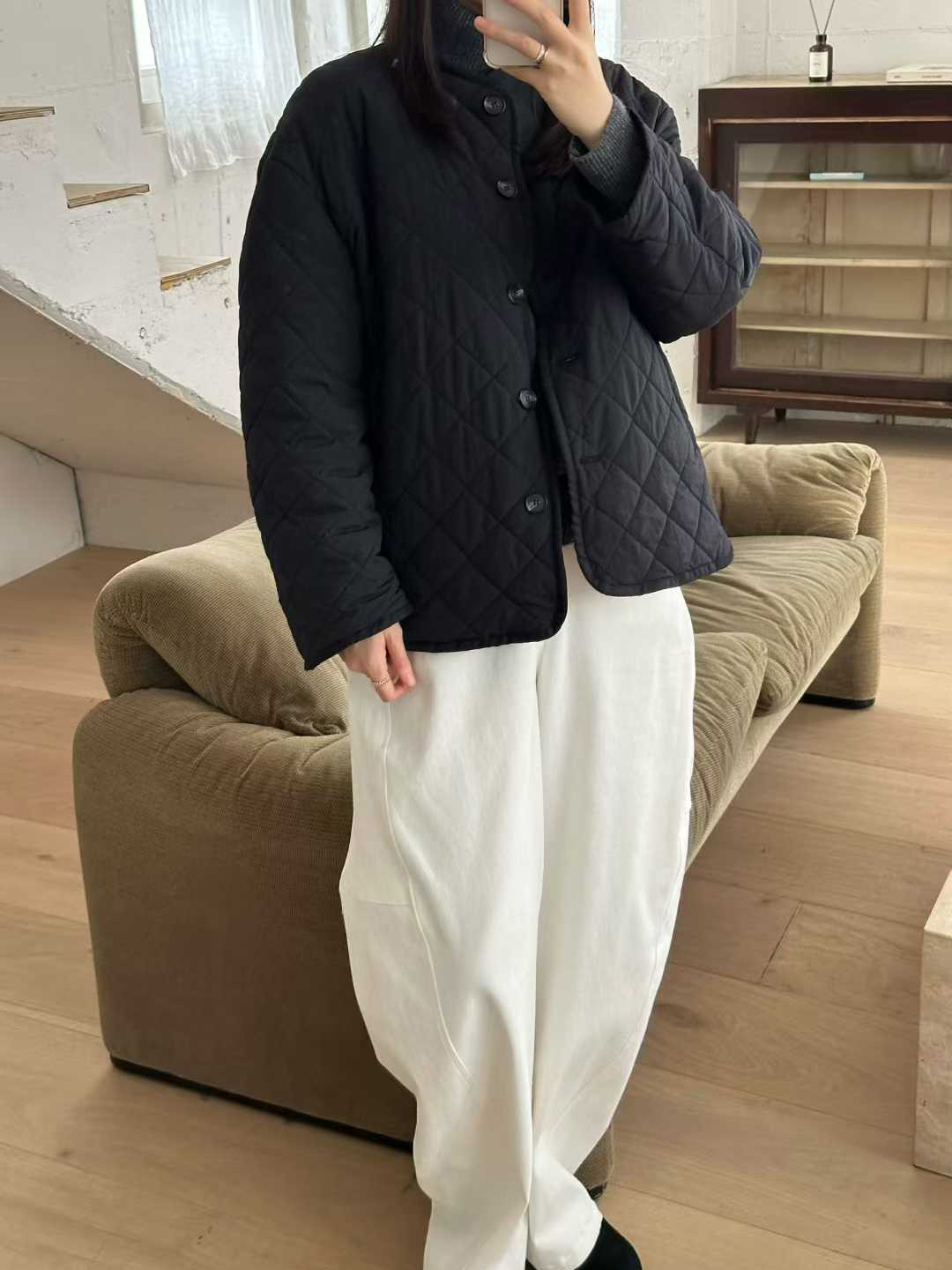 B25.簡單圓領菱格內刷毛外套