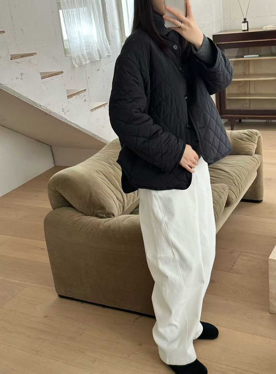 B25.簡單圓領菱格內刷毛外套