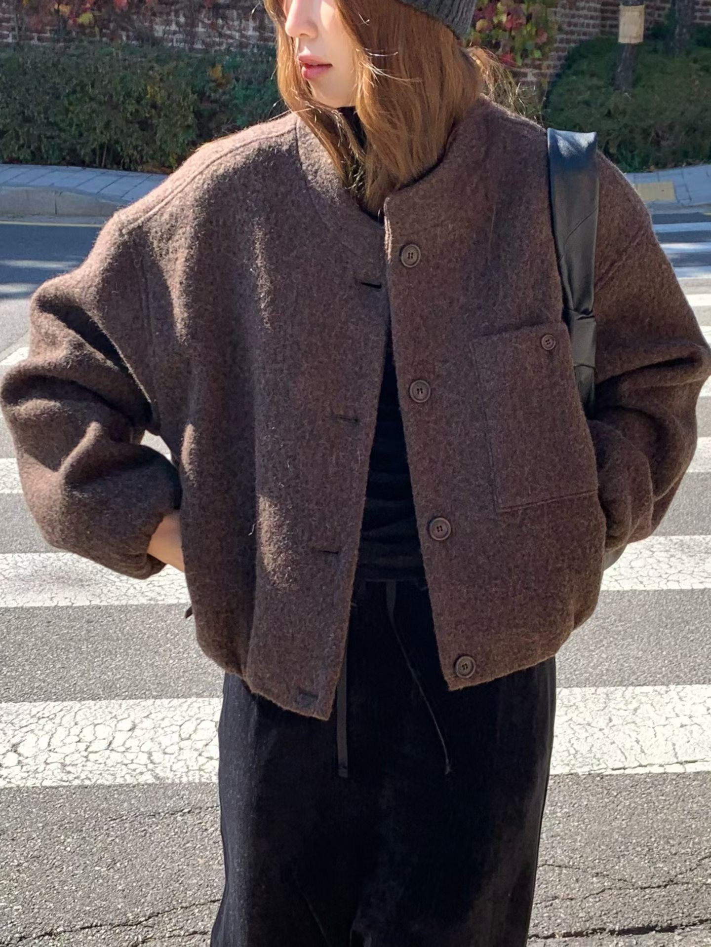 A79.氣質休閒感羊駝毛剪接外套