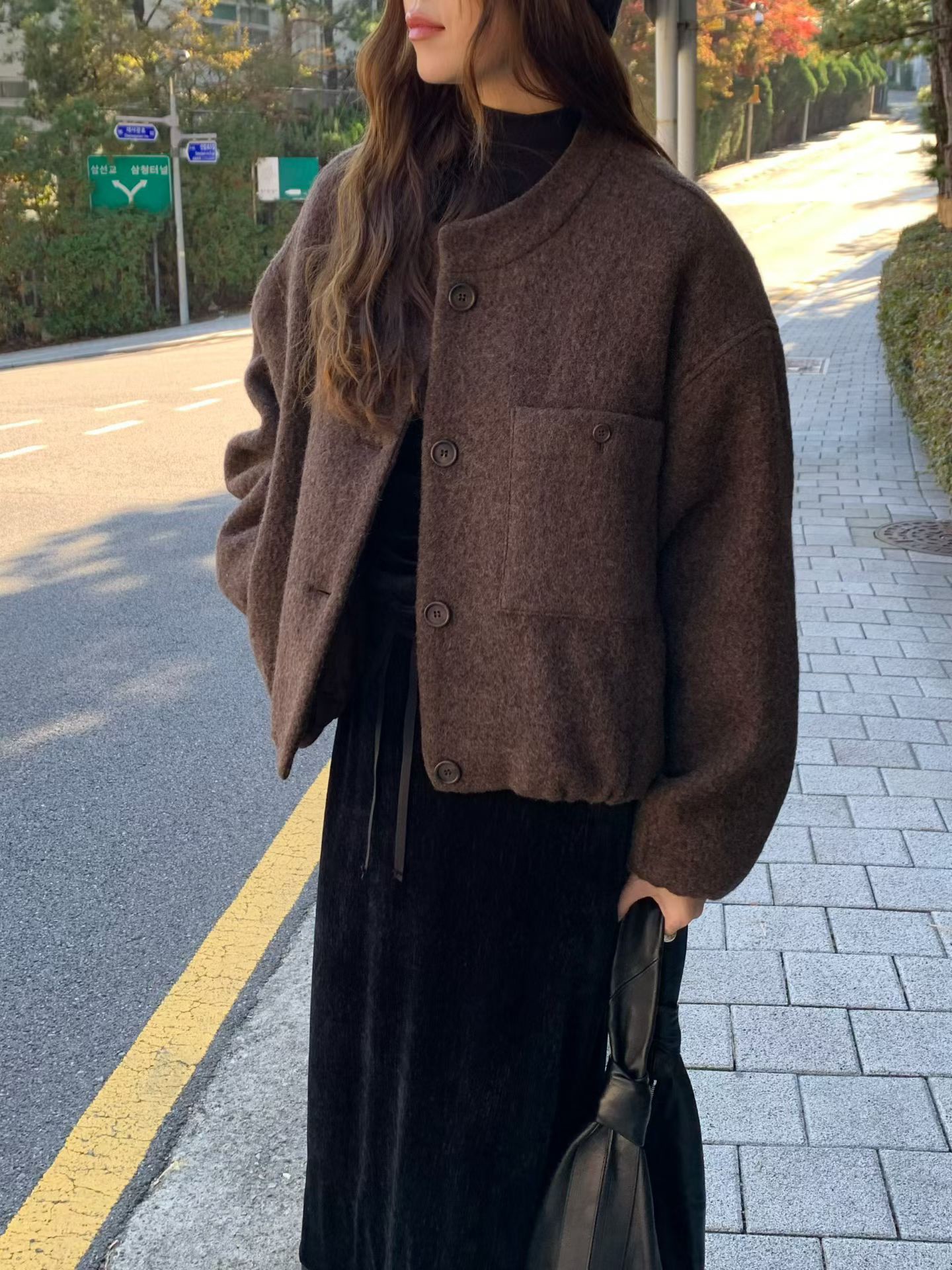 A79.氣質休閒感羊駝毛剪接外套