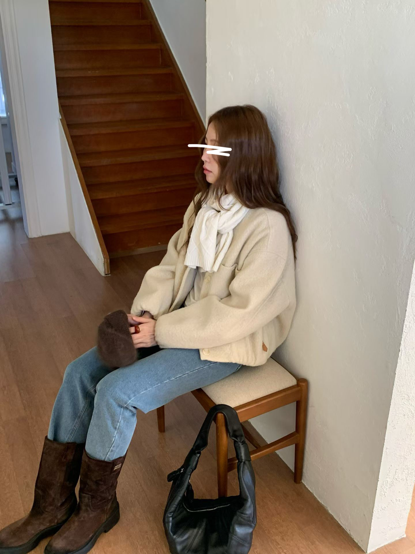 A79.氣質休閒感羊駝毛剪接外套