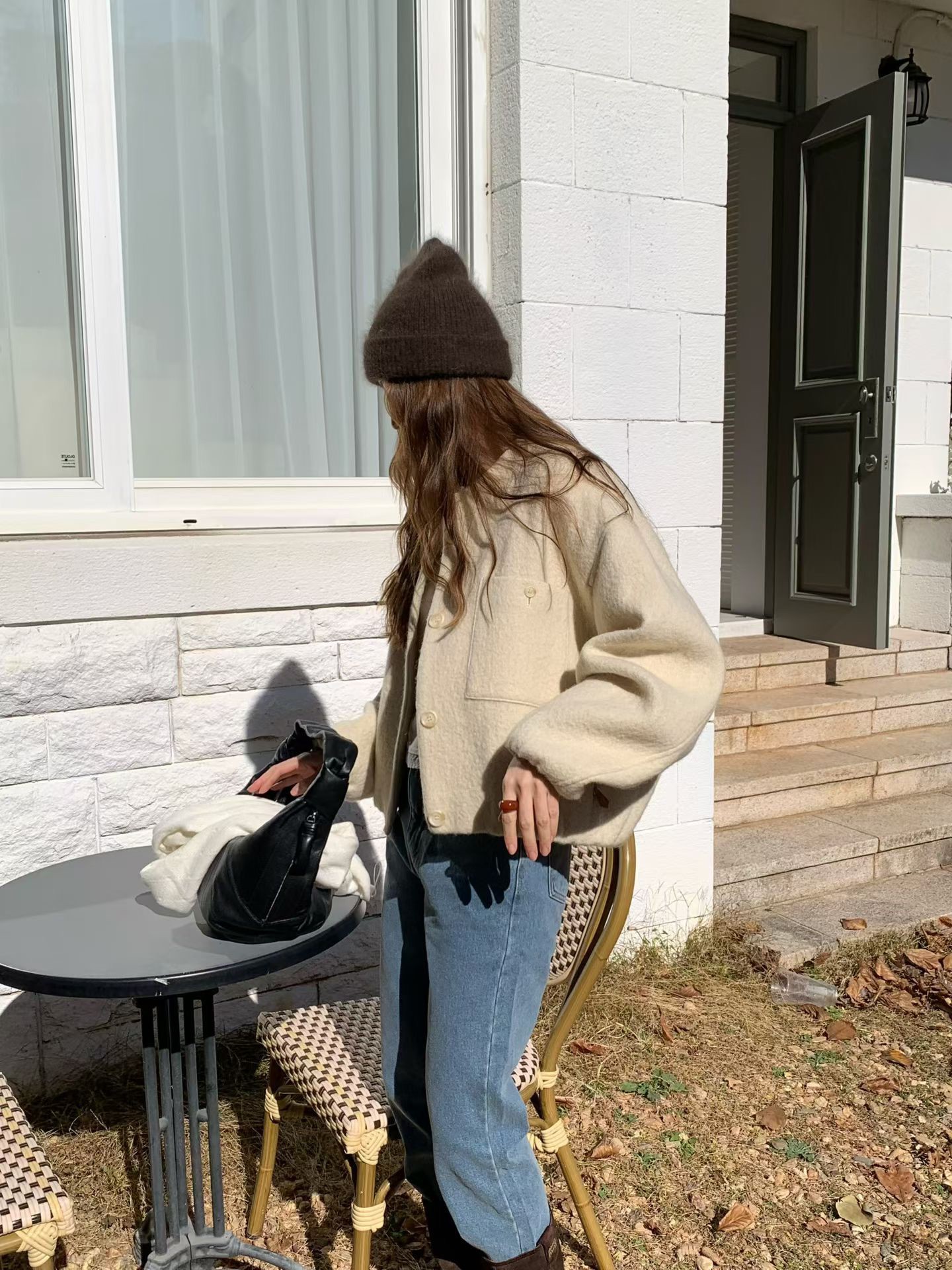 A79.氣質休閒感羊駝毛剪接外套