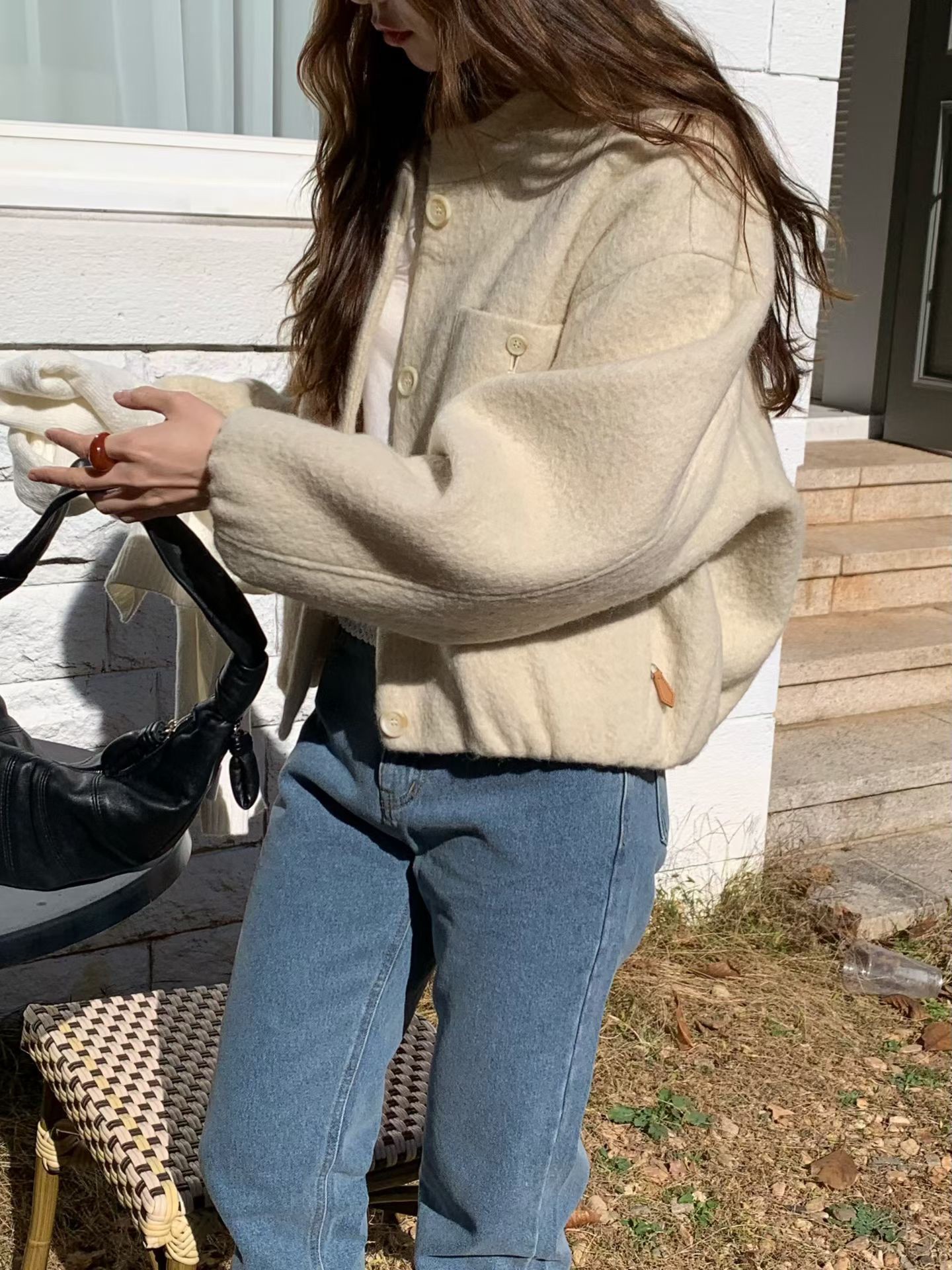 A79.氣質休閒感羊駝毛剪接外套