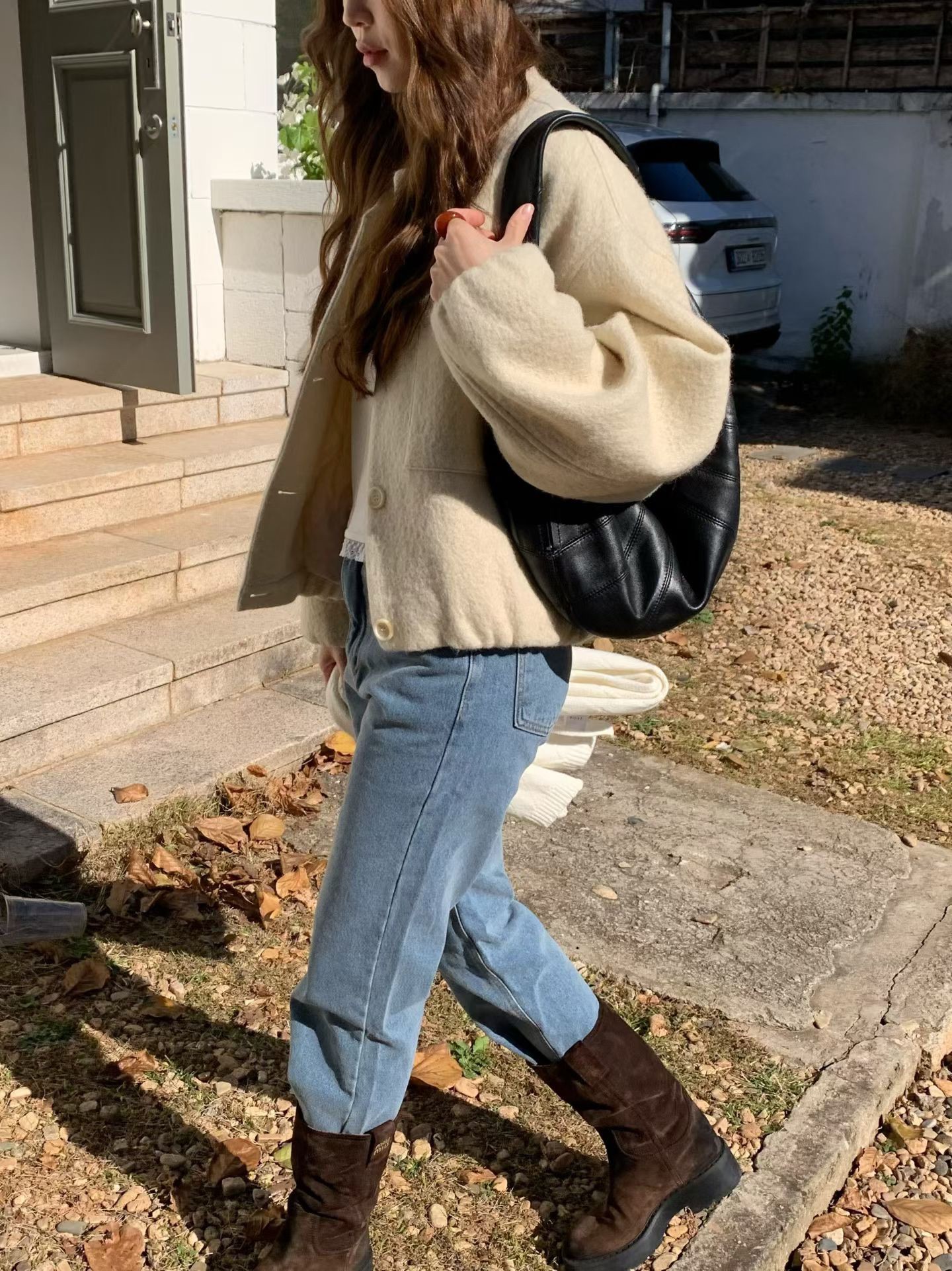 A79.氣質休閒感羊駝毛剪接外套